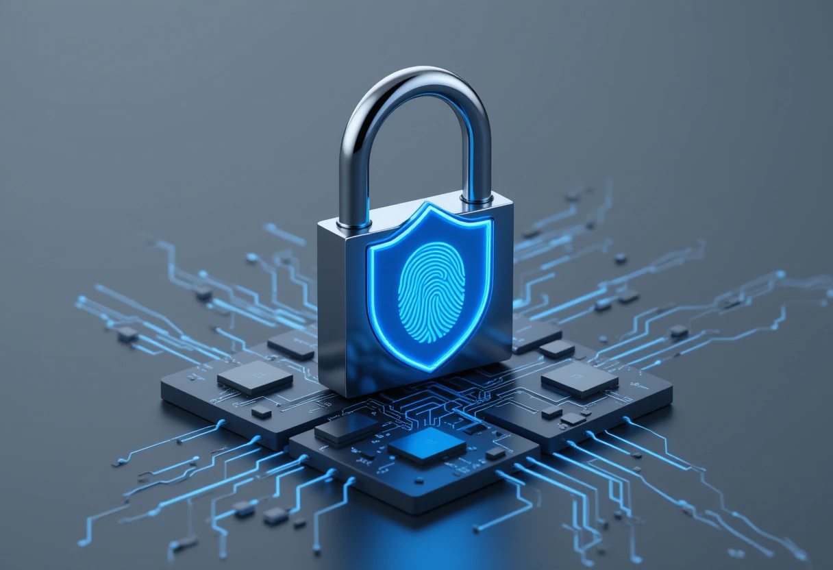 3D illustration of a metal padlock with a bright blue fingerprint shield on a circuit board base, symbolizing secure HTTPS encryption and cybersecurity.