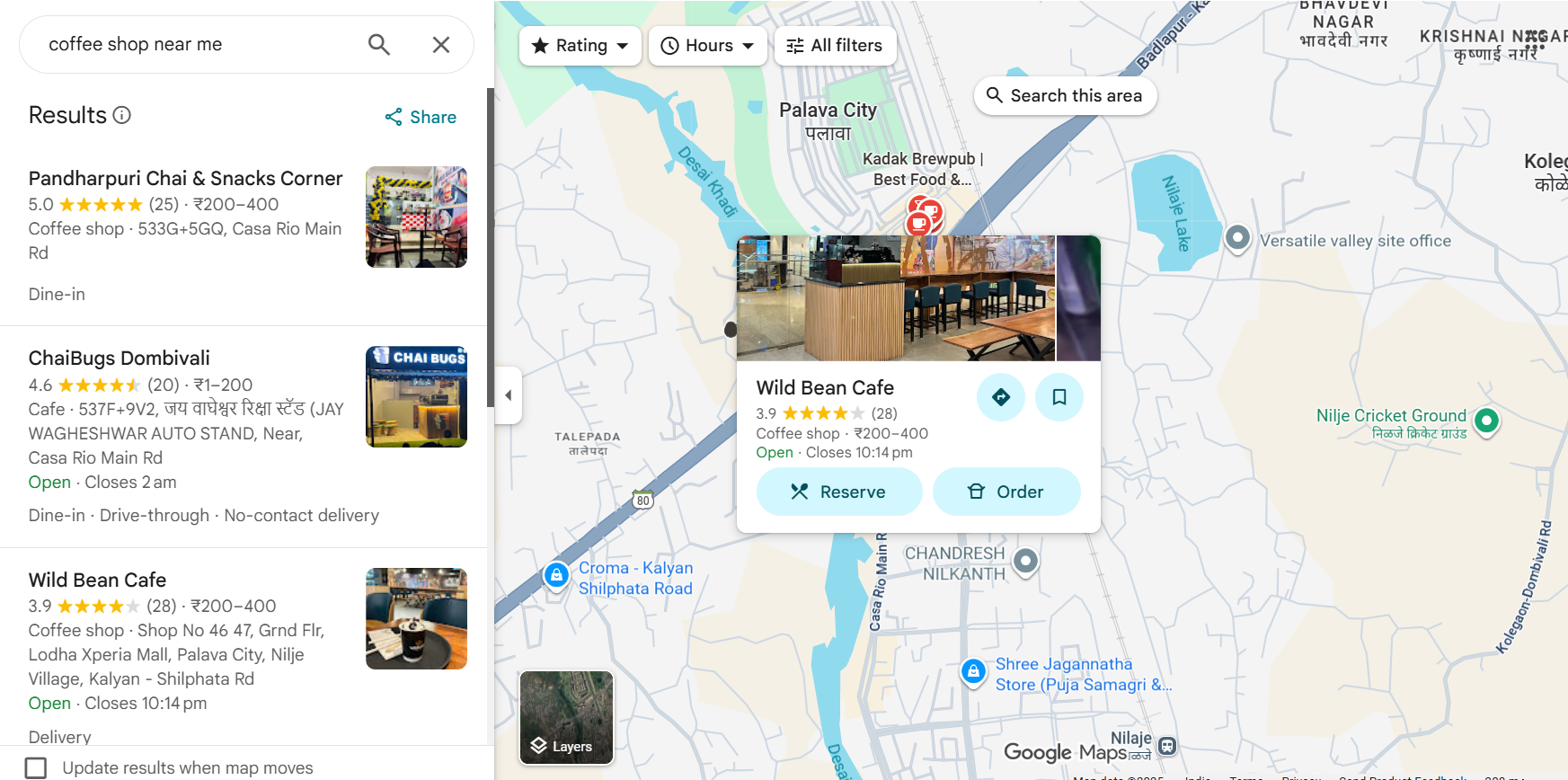 A screenshot of Google Maps showing local search results for SEO Analysis Tools "Coffee Shops Near Me" highlighting nearby cafes like Pandharpuri Chai & Snacks Corner, Chaibugs Dombivli, and Wild Bean Cafe in Palawa city. The map displays ratings, hours, and options to order or make a reservation, showing how SEO Analysis Tools can increase local SEO visibility.