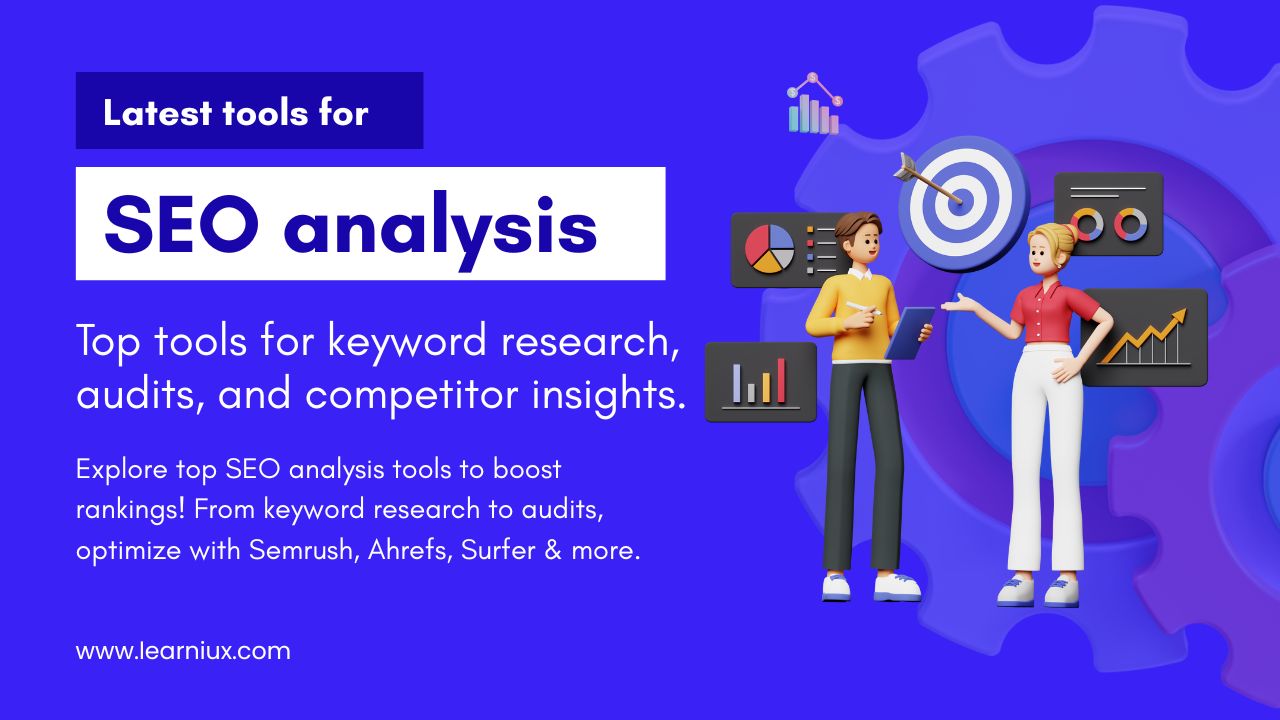 Illustration of two animated characters discussing SEO analysis tools with charts, graphs, and a target icon to promote tools like Semrush, Ahrefs, and Surfer for keyword research, audits, and competitor insights.