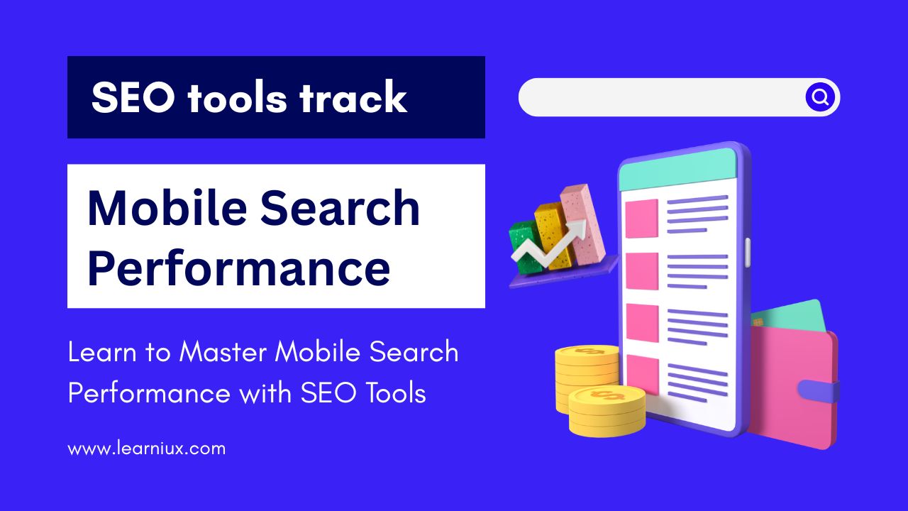 A vibrant graphic showing how SEO tools track mobile search performance, featuring a smartphone, graph, coins, and a wallet.