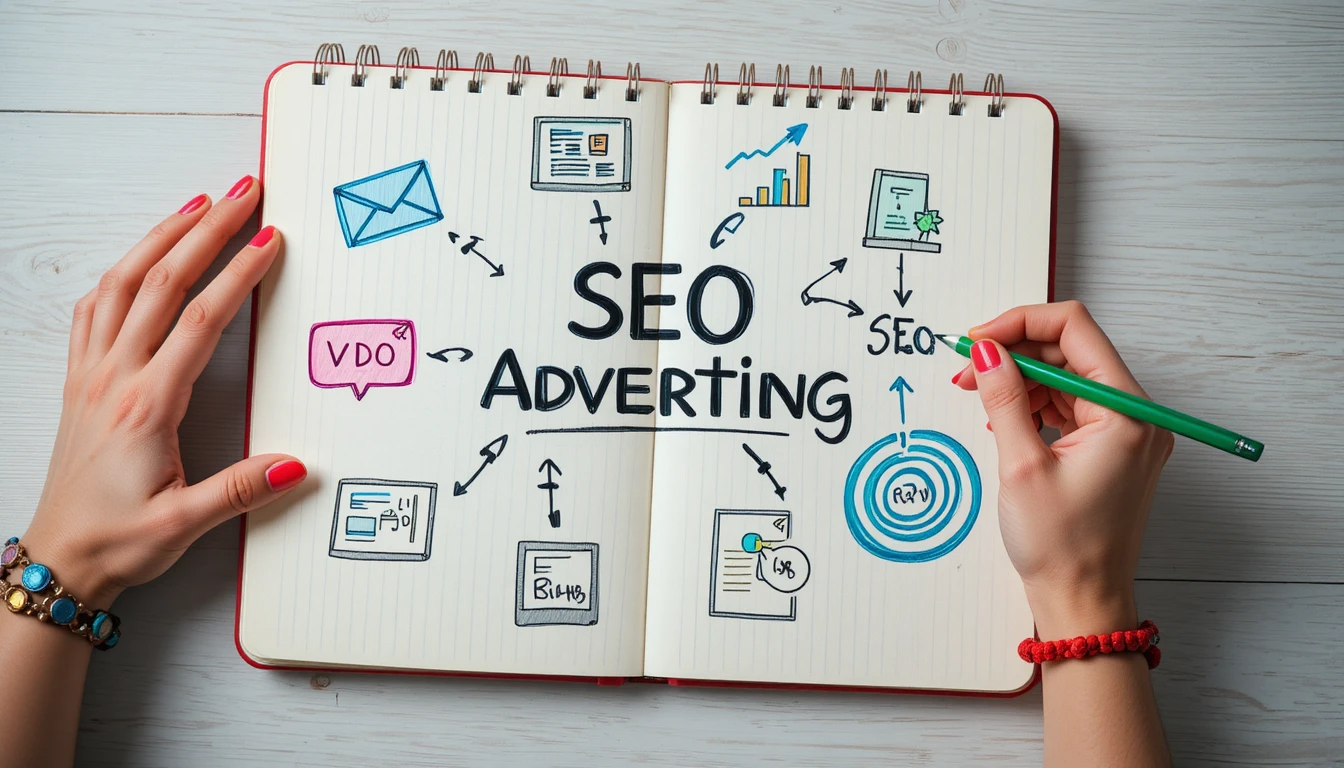 A notebook with a hand-drawn "SEO Advertising" concept, featuring icons such as email, graph, monitor, and target, representing digital marketing strategies.