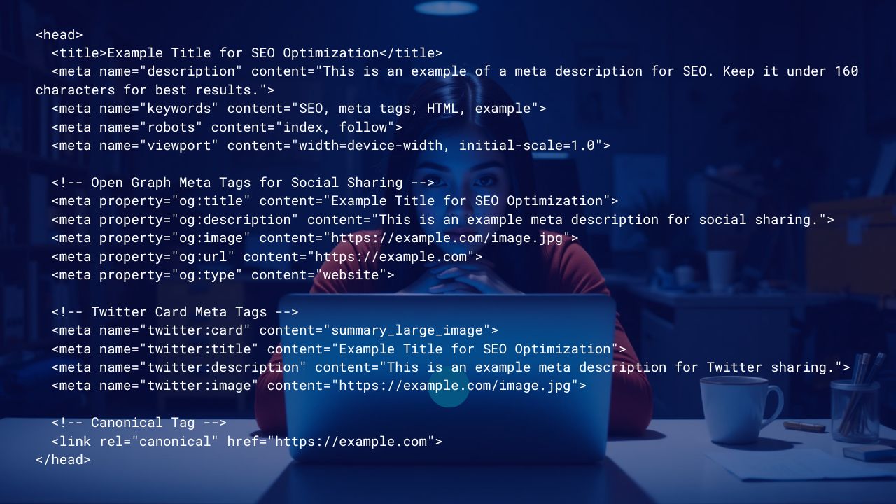 A person working on a laptop with HTML code for meta tag optimization displayed on the screen, including title, description, keywords, robots, viewport, open graph, Twitter card, and canonical tags, set against a blue background with a coffee cup and notebook on a desk.