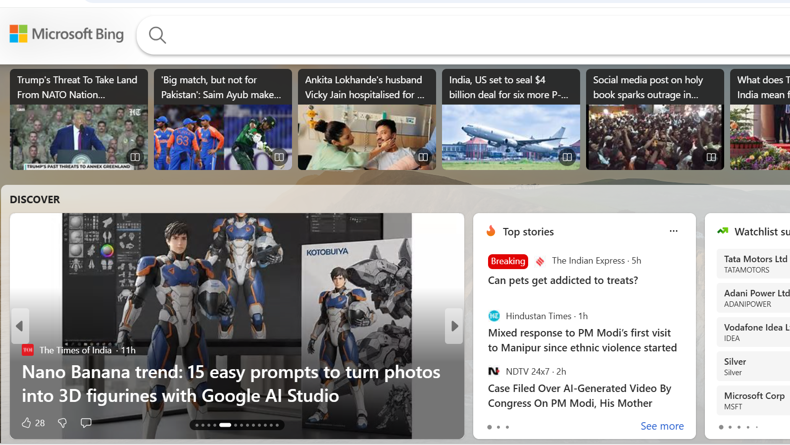 Microsoft Bing search engine interface showcases news feeds, top stories, and AI-powered discovery tools.