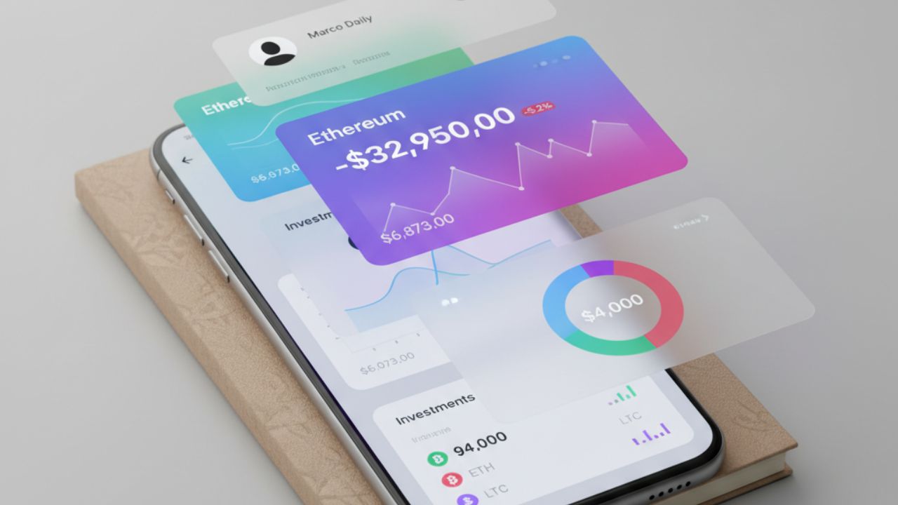 Smartphone interface shows $32,950 worth of Ethereum, Litecoin, and portfolio graphs with user profile overlay on wooden notebook background.