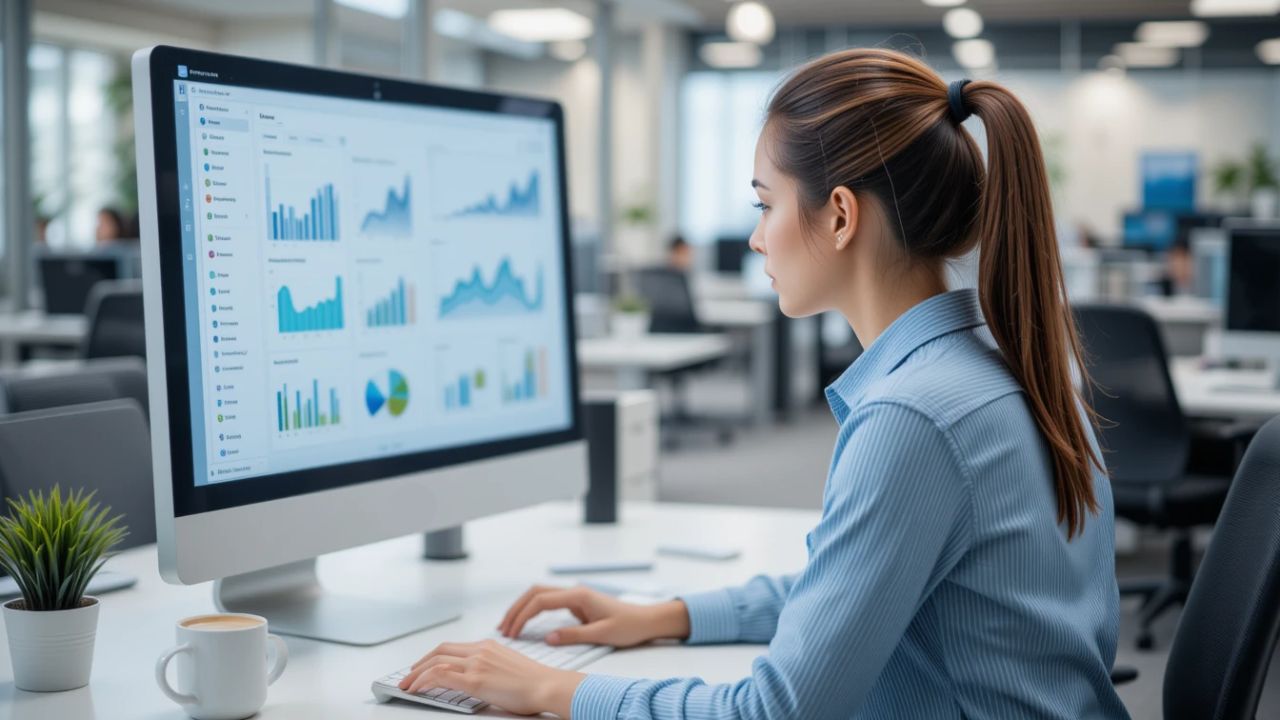A professional analyzes on-page SEO performance metrics on a large monitor displaying graphs and charts in a modern office setting.