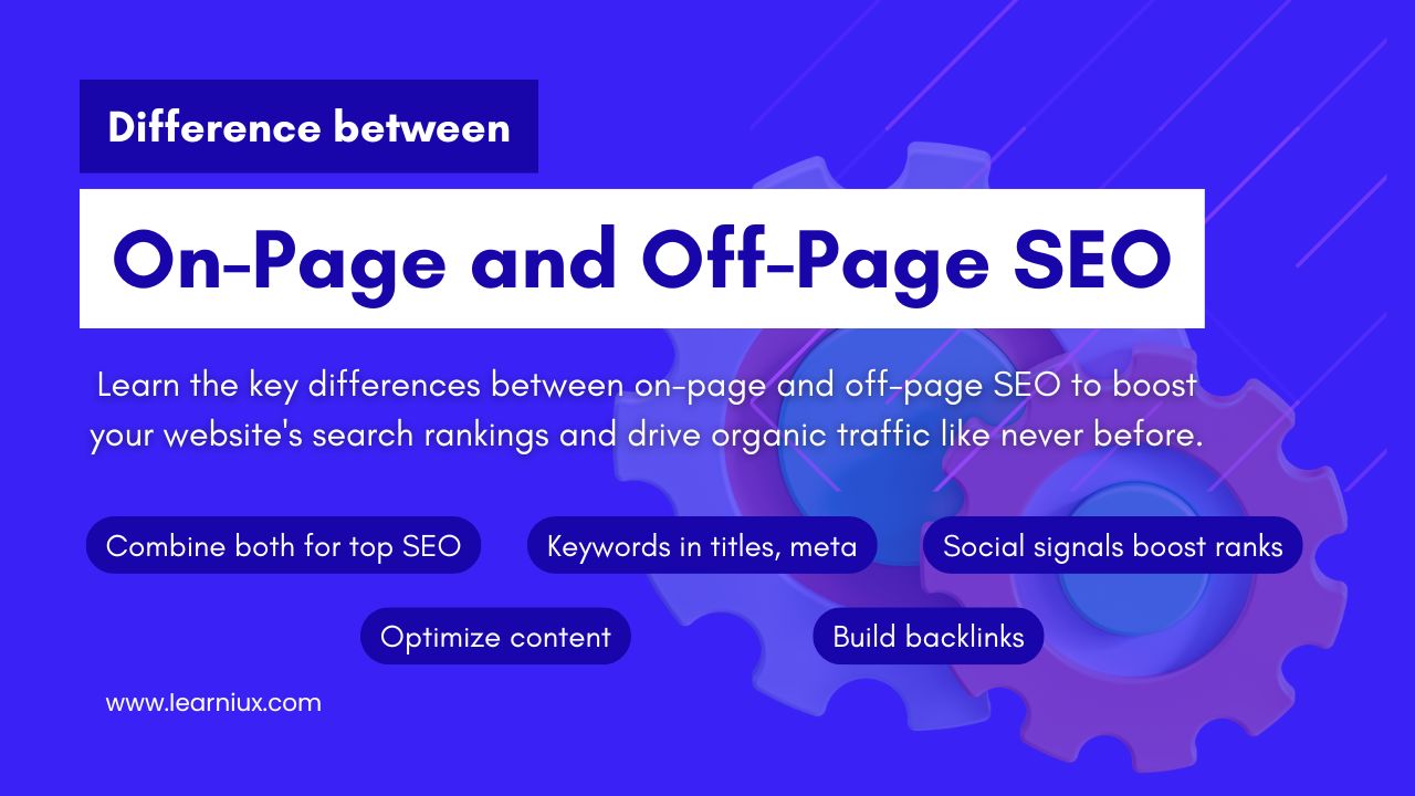 Infographic comparison highlights key strategies like on-page vs. off-page SEO, keywords in titles, content optimization, social signals, and backlinks.