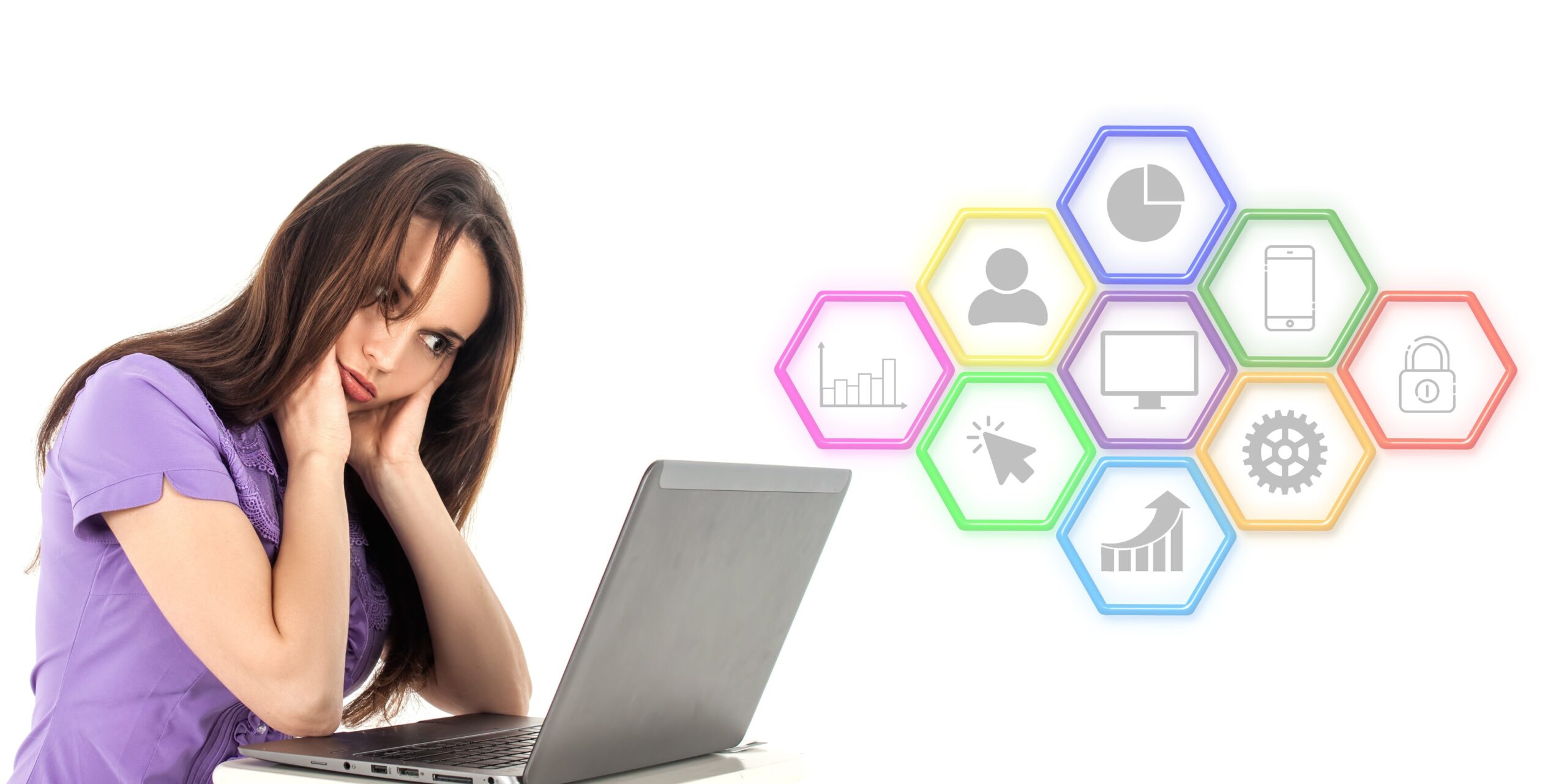 A frustrated woman in a purple shirt rests her head on her hands while working on a laptop, with colorful hexagons representing analytics, security, and growth in the background, symbolizing the challenges of recovering from an SEO penalties.