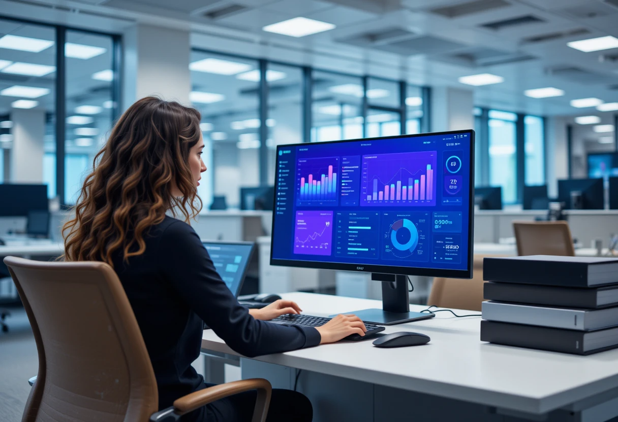 A businesswoman working at a desk in a modern office, analyzing data on a large monitor displaying colorful charts and graphs.