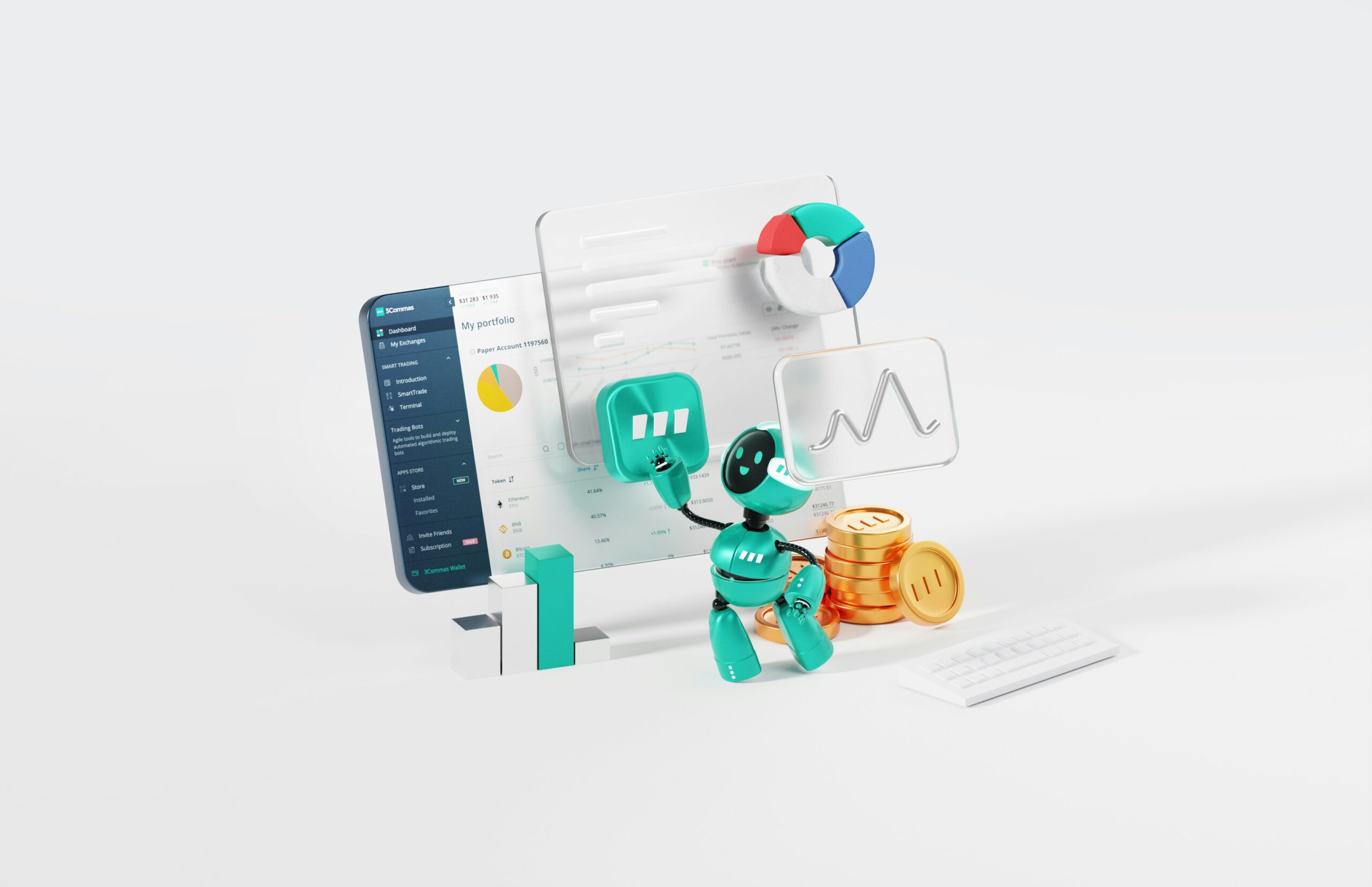 3D Illustration of a Teal Robot Analyzing an SEO Dashboard on a Mobile Device, Displaying Charts, Graphs, and Cryptocurrency Symbols for Core Update Recovery
