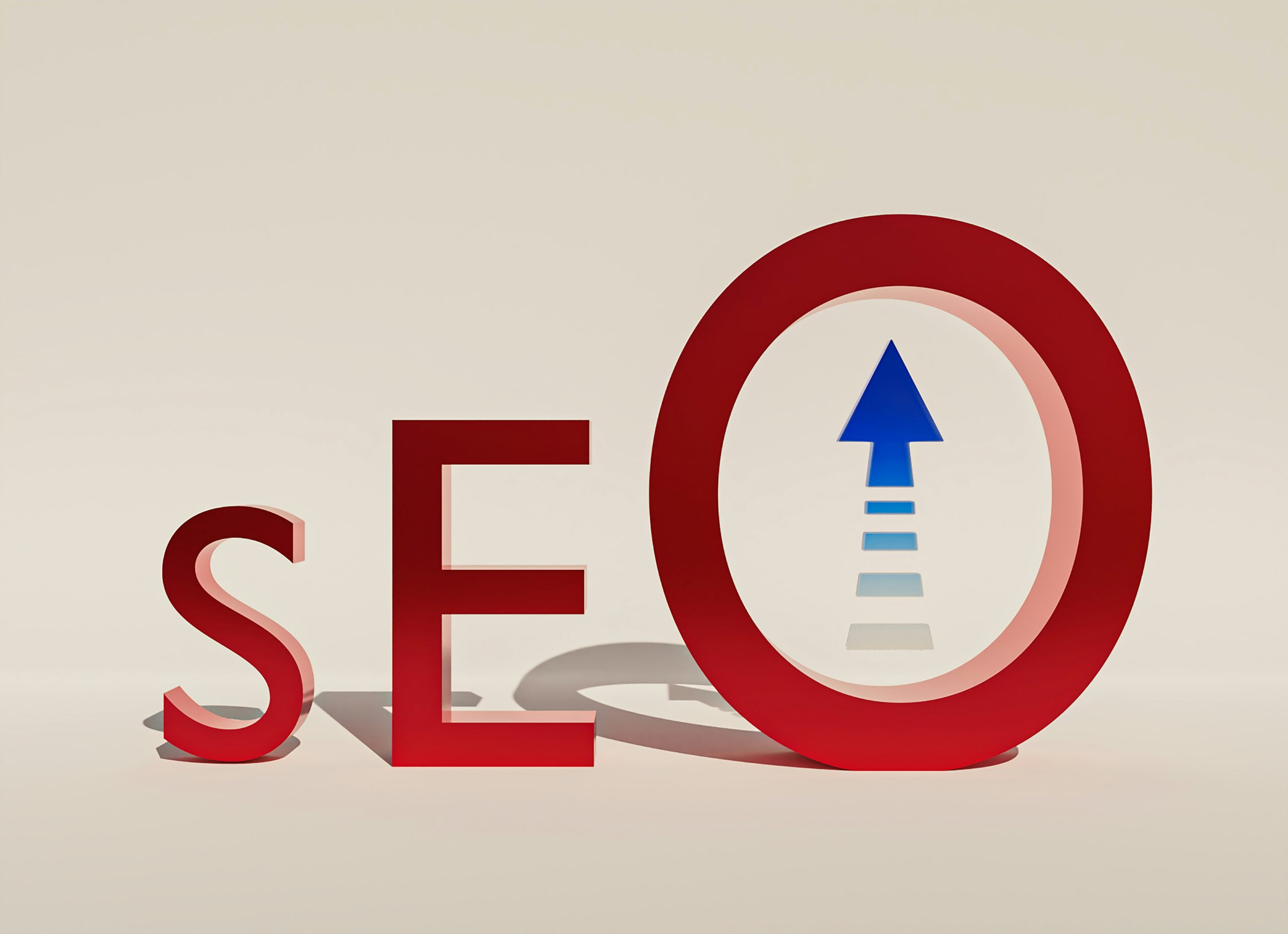 A 3D illustration of the text "SEO" in bold red letters with a blue arrow pointing upwards in a red circle, symbolizing improved search engine optimization and core web vitals performance.