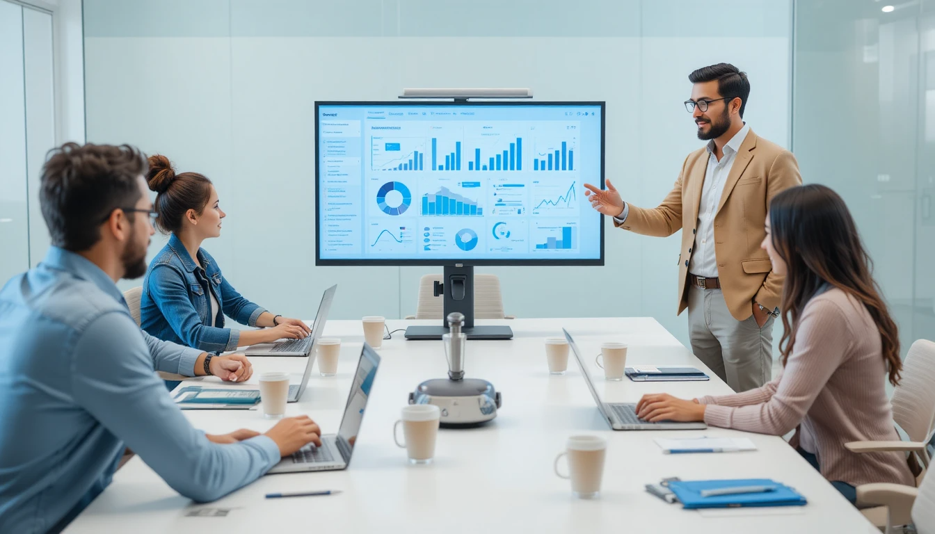 A professional presents SEO marketing analytics on a large screen to a team in a modern conference room, with charts and graphs displayed on a table, with a laptop and coffee cups.