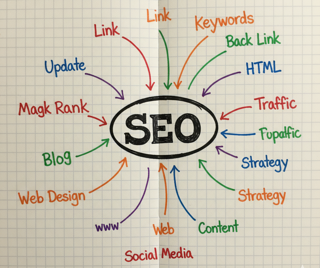 Hand-drawn mind map focused on SEO with colored branches for links, keywords, backlinks, HTML, traffic, organic, strategy, update, mag rank, blog, web design, www, web, content, and social media.