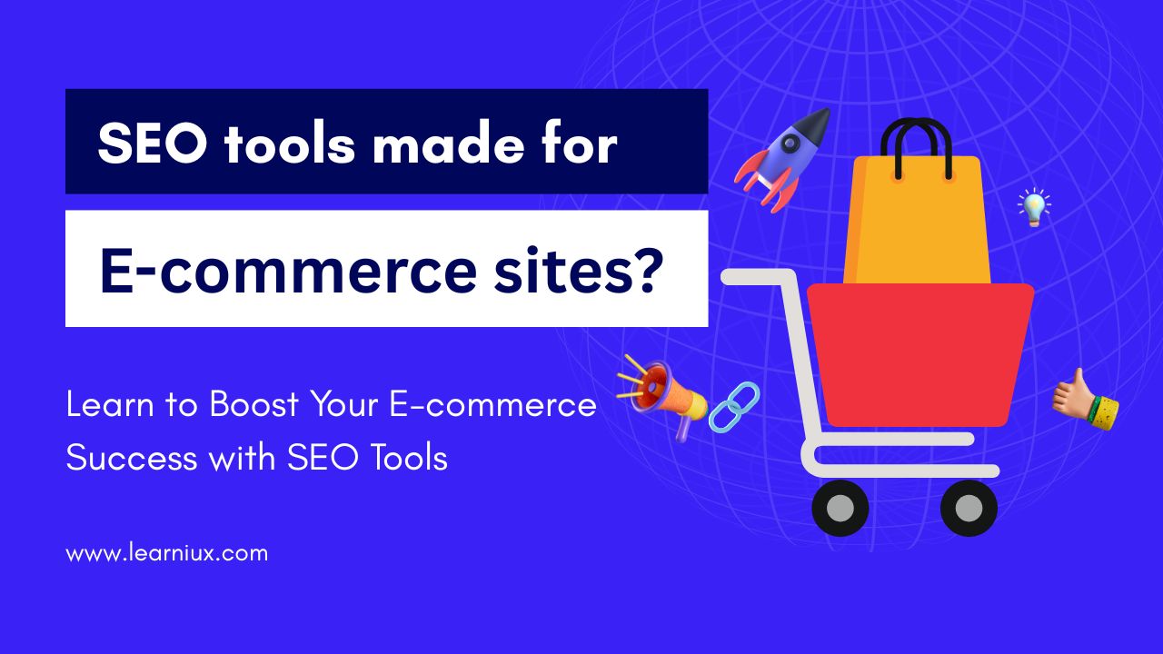 A vibrant illustration of a shopping cart with shopping bags, rockets, megaphones, and link icons set against a blue background, symbolizing SEO tools that drive e-commerce success.