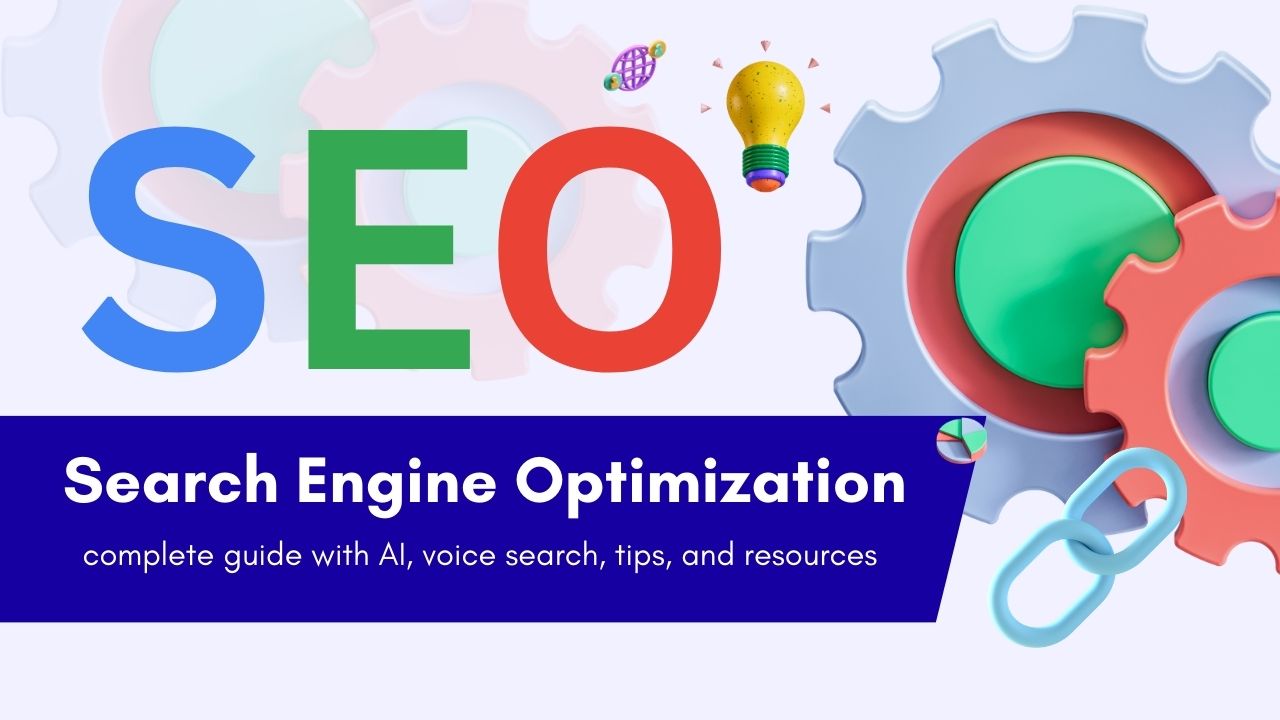 SEO (Search Engine Optimization) guide with AI, voice search, and tips illustrated by gears, lightbulbs, and chain links.