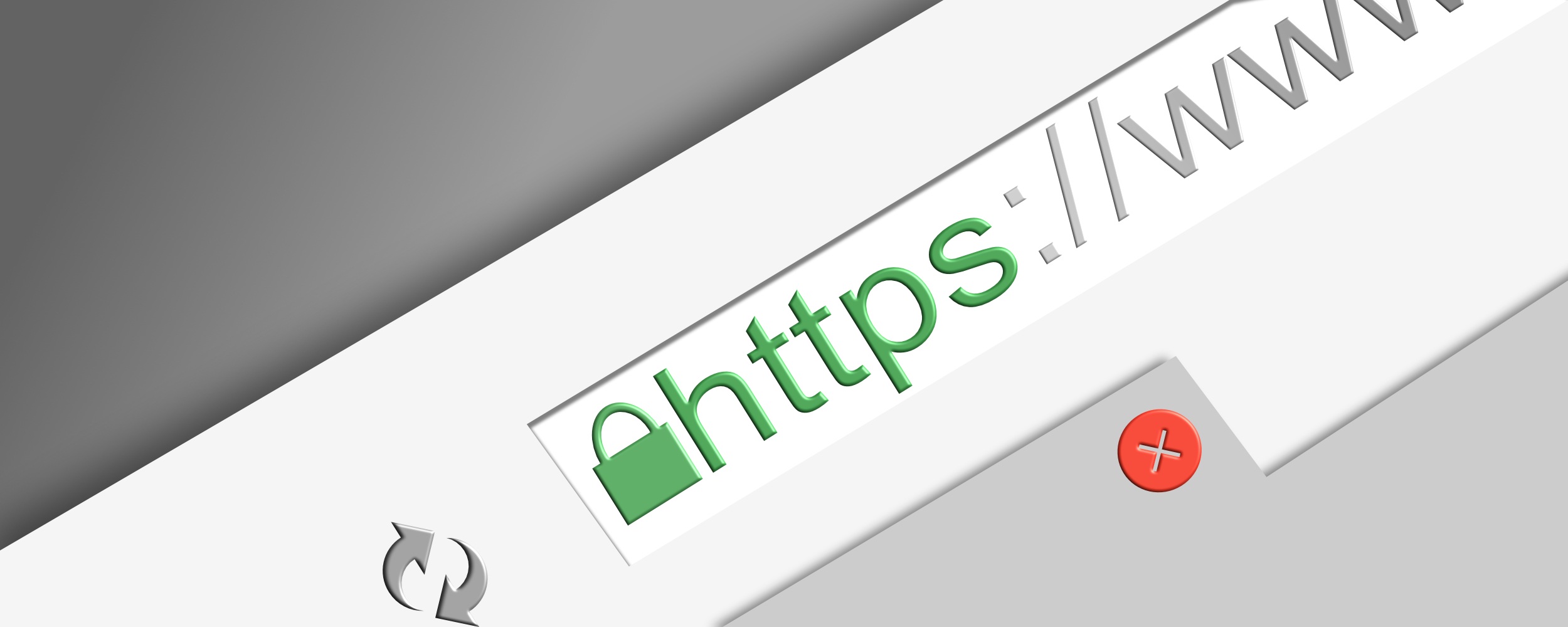 A close-up of a browser address bar displaying a secure HTTPS URL with a padlock icon, along with a refresh and close button, which symbolizes secure link building for SEO.