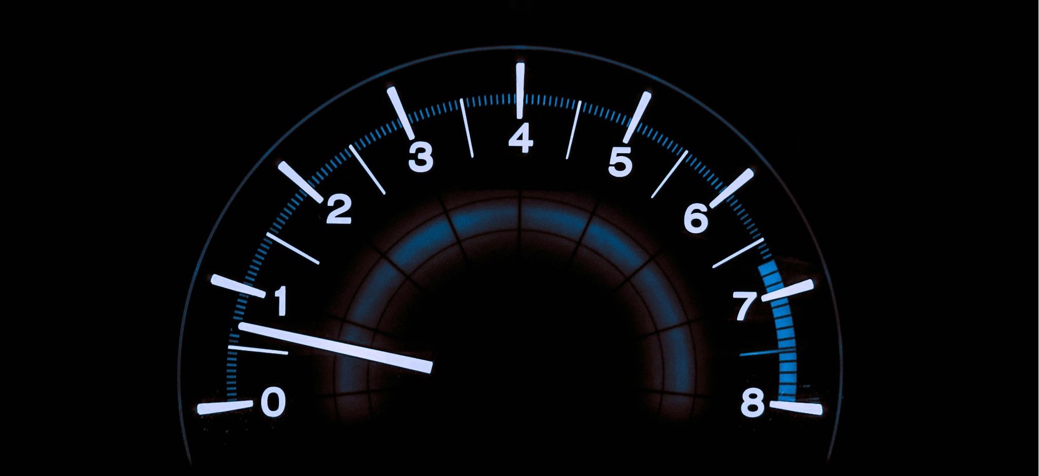 A digital speedometer with a dark background showing a reading of 0 and a blue and white scale from 0 to 8, symbolizes site speed performance for technical SEO.