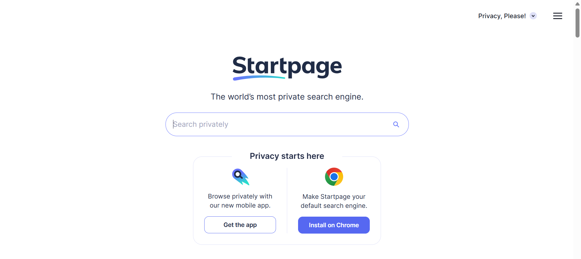 The Startpage search engine homepage features the Startpage logo, search bar, and options to browse privately or set as the default search engine on a white background.