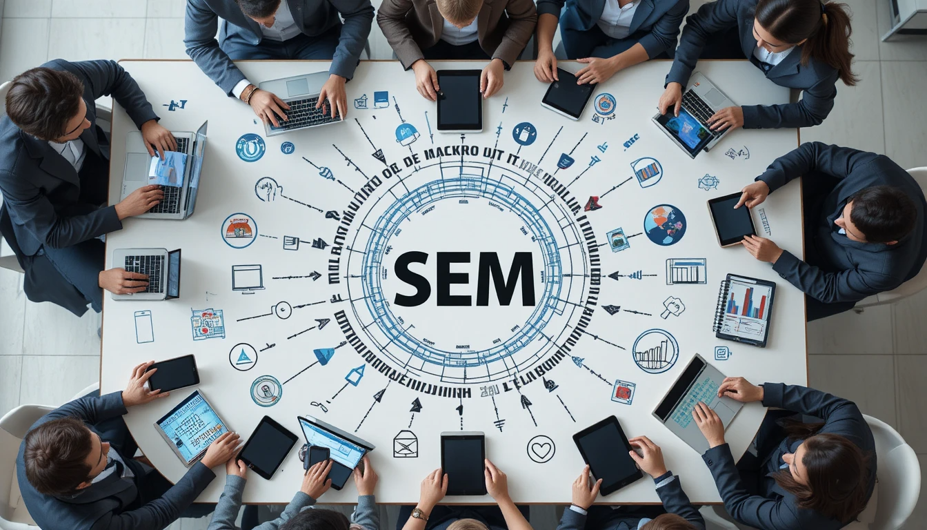 A team of professionals collaborate around a table with laptops and tablets, centered on an "SEM" diagram that contains icons representing search engine marketing strategies.