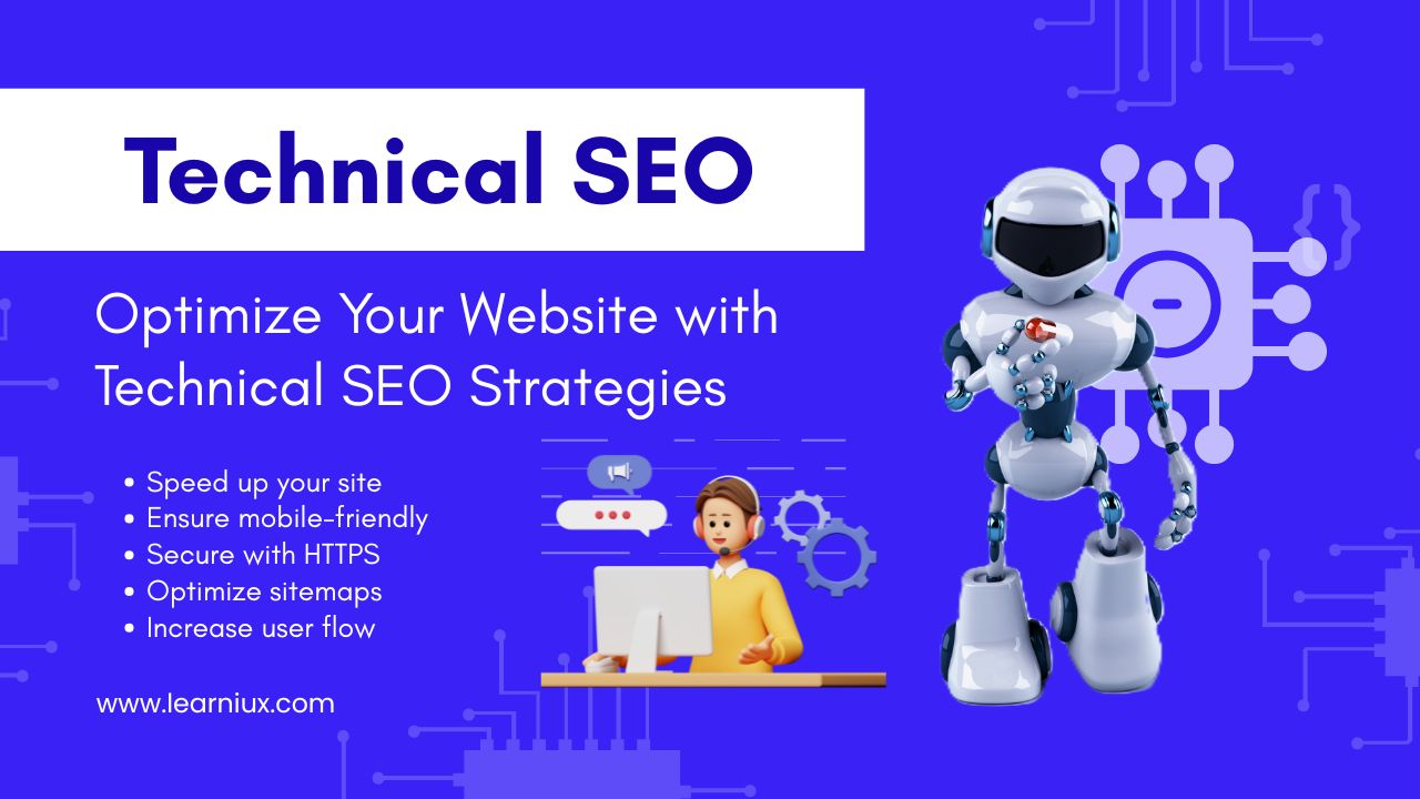 A 3D illustration of a robot and a person sitting at a desk with a computer, showcasing technical SEO strategies such as site speed, mobile-friendliness, HTTPS security, sitemaps, and user flow optimization.