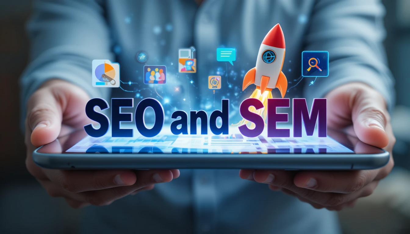 A hand holding a tablet with the words "SEO and SEM" written on it, with a launching rocket and digital marketing icons, illustrating the differences between SEO and SEM strategies.
