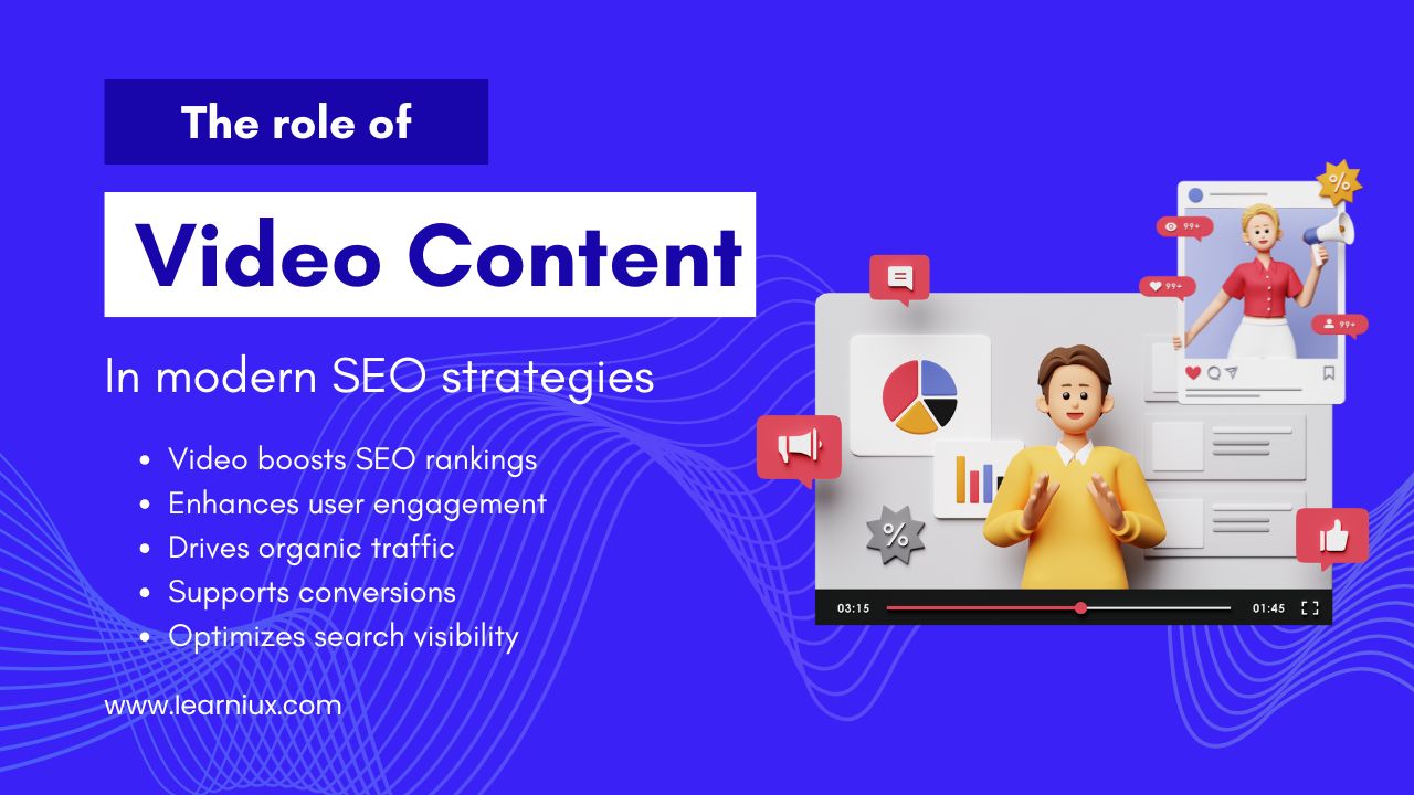 Infographic showing the role of video content in modern SEO strategies with key benefits such as increasing rankings, increasing engagement, increasing traffic, supporting conversions, and optimizing visibility, with a blue design and www.learnnux.com branding.
