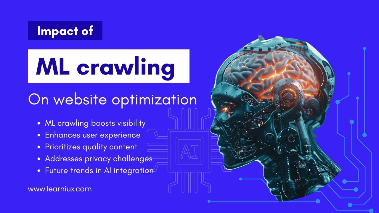 Futuristic AI brain illustration highlighting the impact of ML crawling on website optimization, visibility, user experience, quality content, privacy challenges, and AI integration.