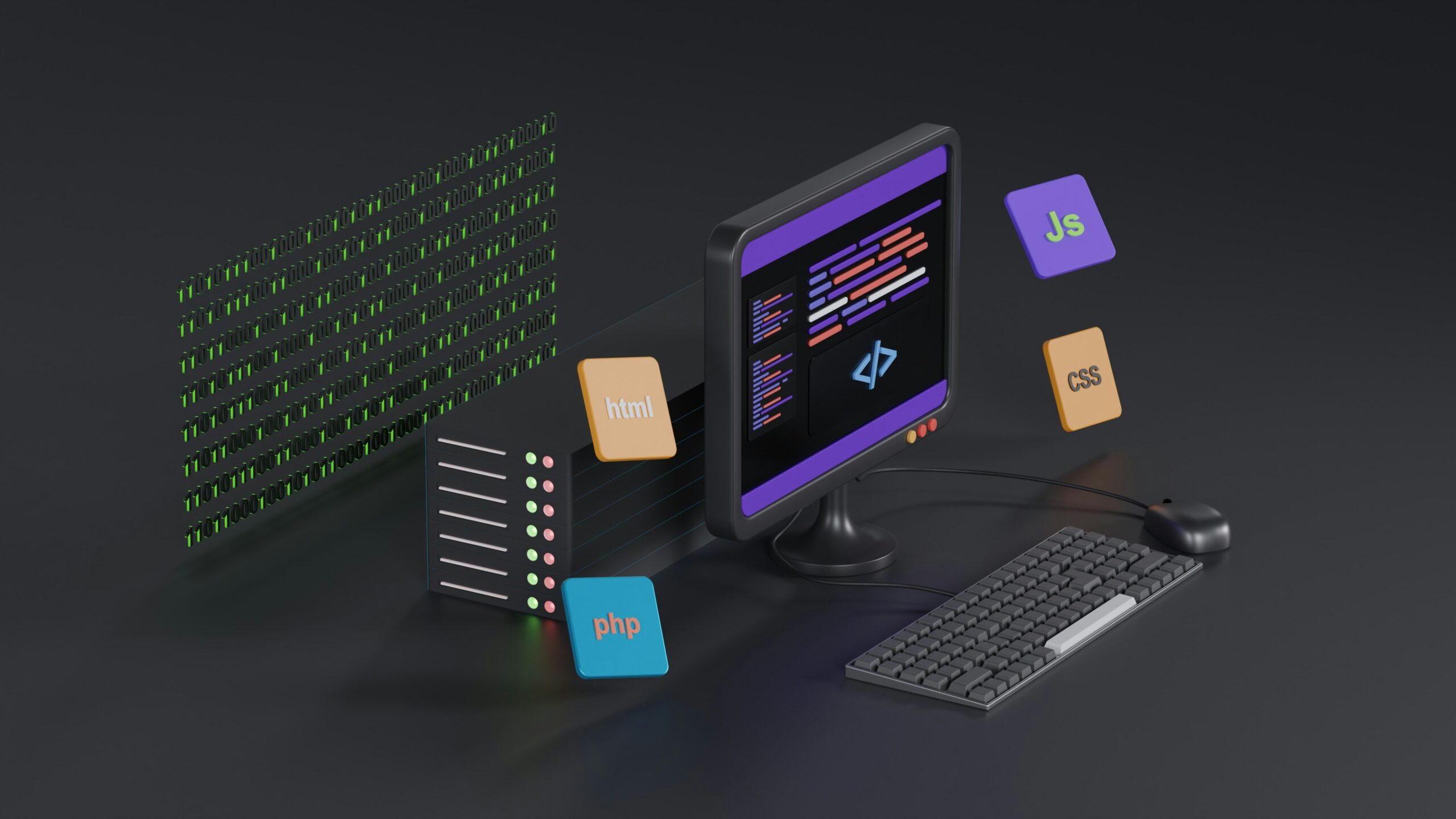 A modern computer setup displaying code on a monitor, surrounded by floating labels for HTML, CSS, JS, and PHP, which symbolize web development and SEO optimization.