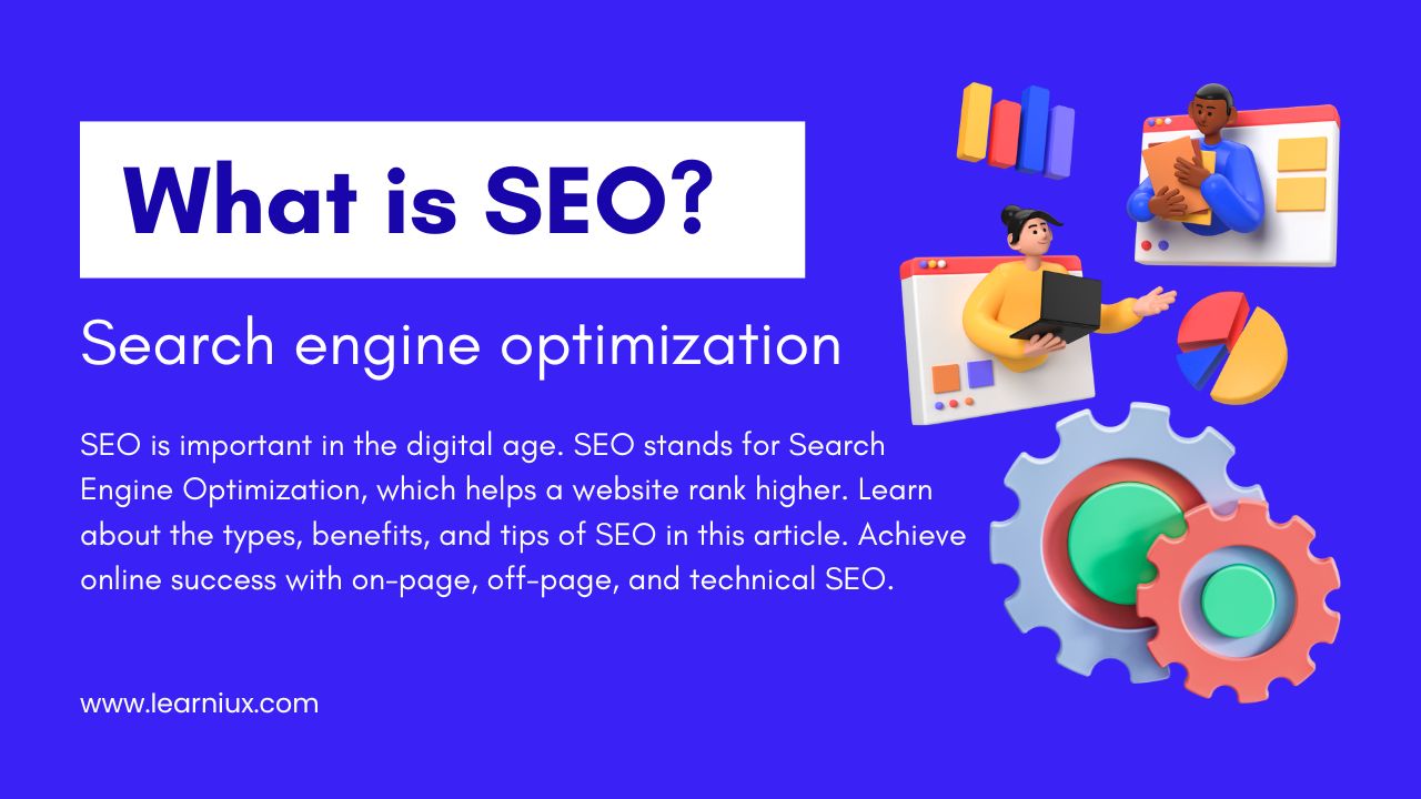 Vibrant 3D illustration of SEO concept: Diverse professionals collaborate on a laptop with charts, gears, and graphs on a blue background, explaining search engine optimization for higher website rankings and online success.