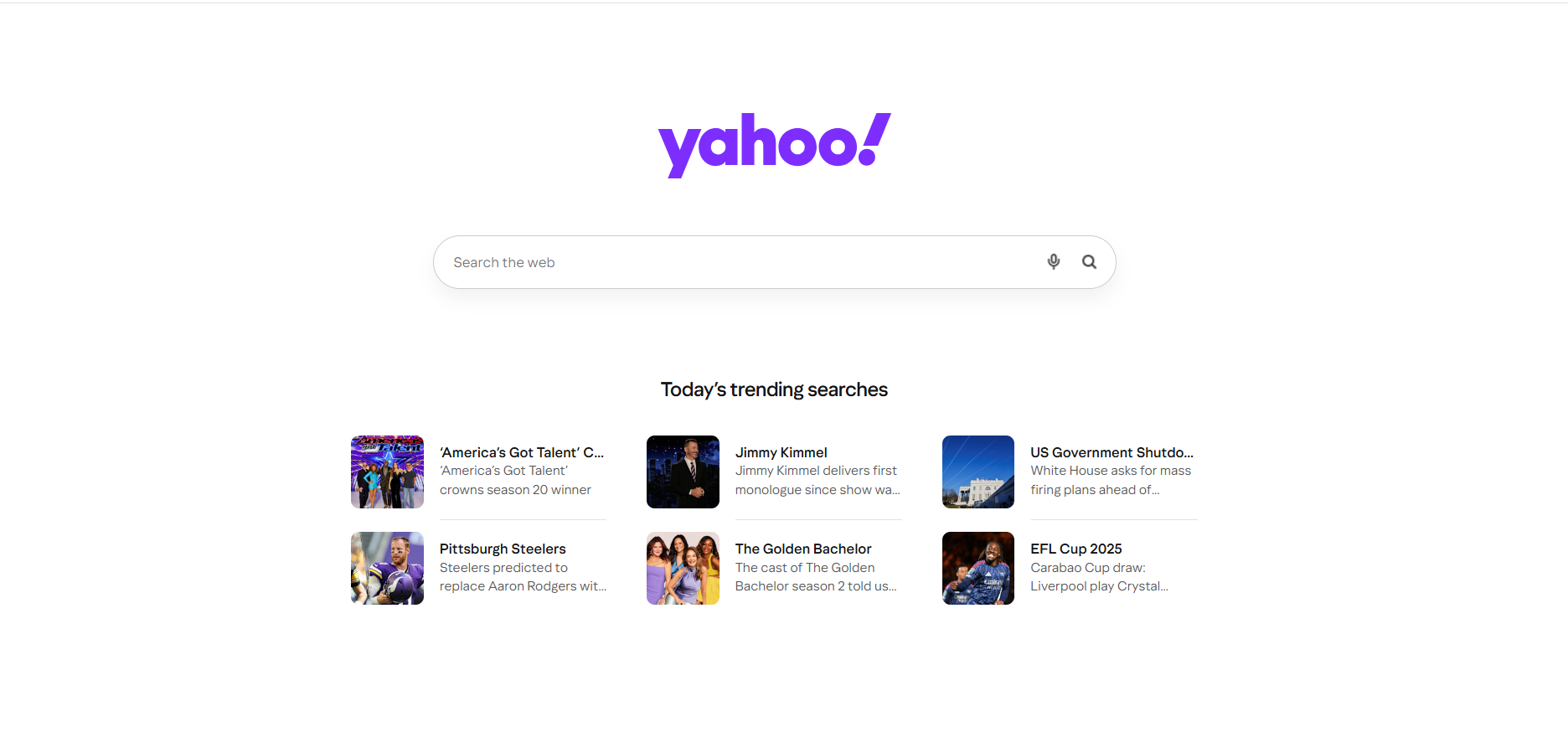 The Yahoo Search Engine homepage features a vibrant Yahoo logo, a search bar, and trending searches like America's Got Talent and Jimmy Kimmel on a clean white background.