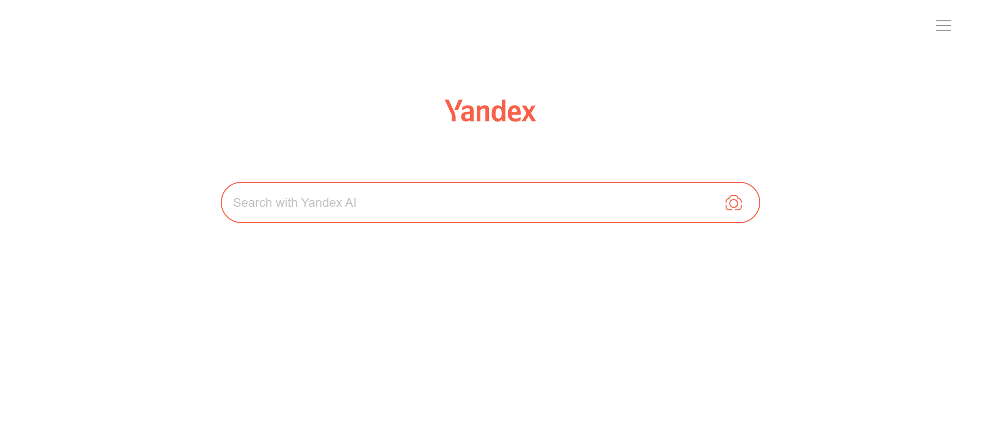 The Yandex search engine homepage features a red Yandex logo and a search bar with AI search options on a clean white background.