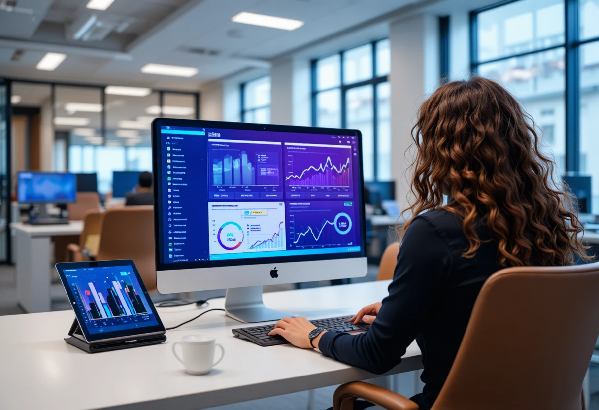A professional analyzes technical SEO data on a large monitor and tablet in a modern office setting, displaying charts and graphs.